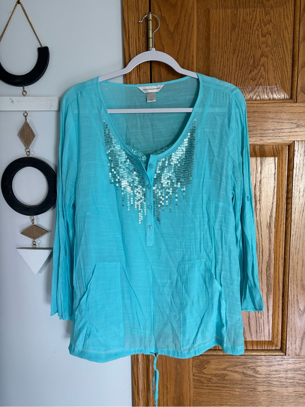 Christopher & Banks Turquoise Sequin Henley 2-piece Set with Lace Camisole